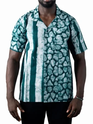 Hand-Dyed Green and White Adire Shirt — Classic Cotton Short Sleeve