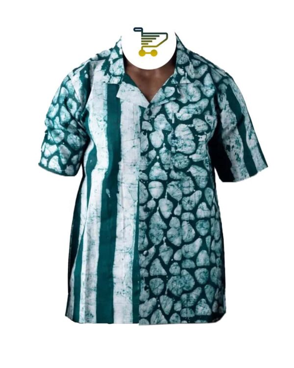 Hand-Dyed Green and White Adire Shirt — Classic Cotton Short Sleeve