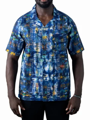 Hand-Dyed Blue Multicolor Adire Shirt — Classic Cotton Short Sleeve