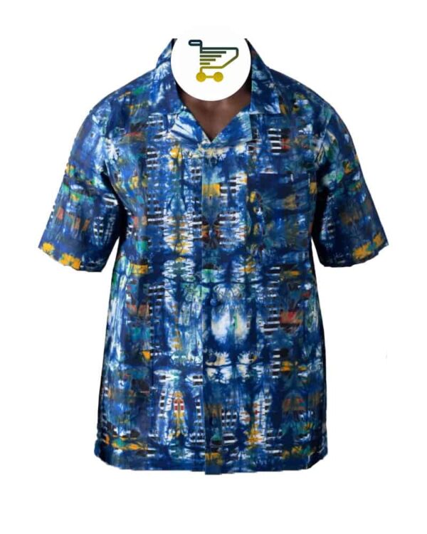 Hand-Dyed Blue Multicolor Adire Shirt — Classic Cotton Short Sleeve