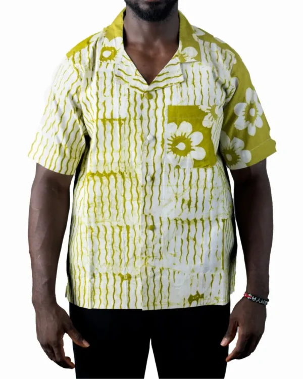 Hand-Dyed Olive Green and White Adire Shirt — Classic Cotton Short Sleeve