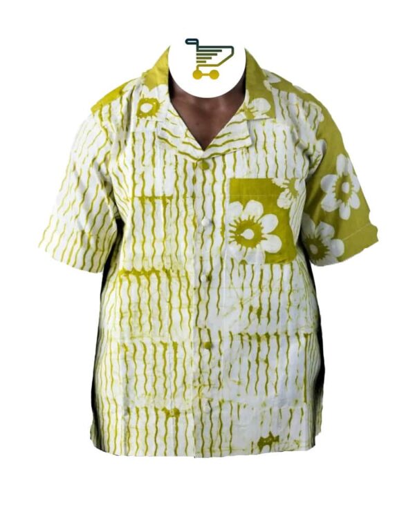 Hand-Dyed Olive Green and White Adire Shirt — Classic Cotton Short Sleeve