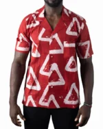 Hand-Dyed Red & White Triangle Adire Shirt — Bold Cotton Short Sleeve