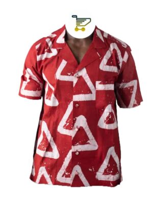 Hand-Dyed Red and White Triangle Print Short Sleeve Adire Shirt