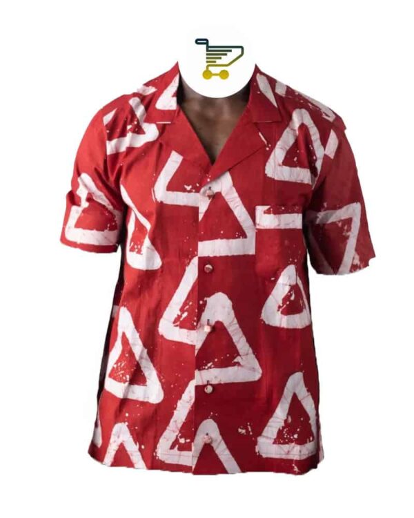 Hand-Dyed Red & White Triangle Adire Shirt — Bold Cotton Short Sleeve