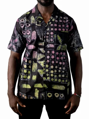 Vibrant Hand-Dyed Adire Shirt — Geometric & Tribal-Inspired Cotton Short Sleeve